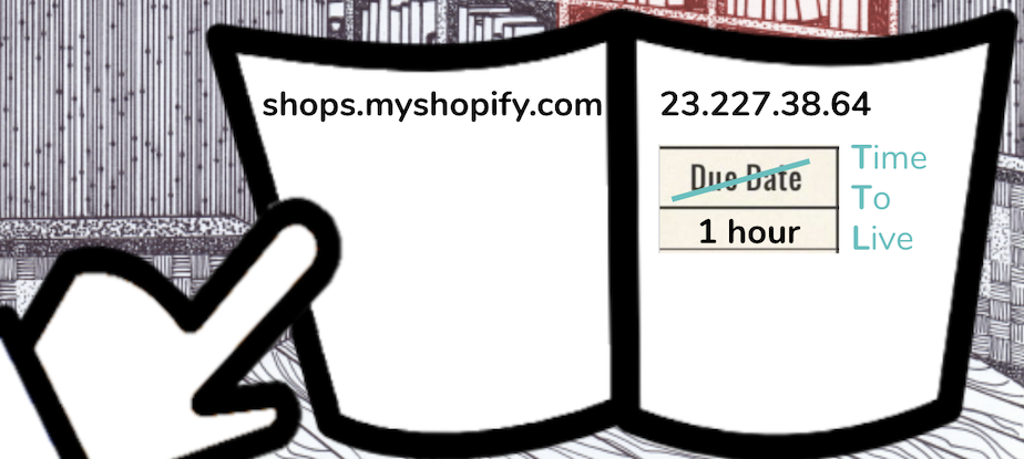 The image is telling us that shops.myshopify.com corresponds to the IP address 23.227.38.64